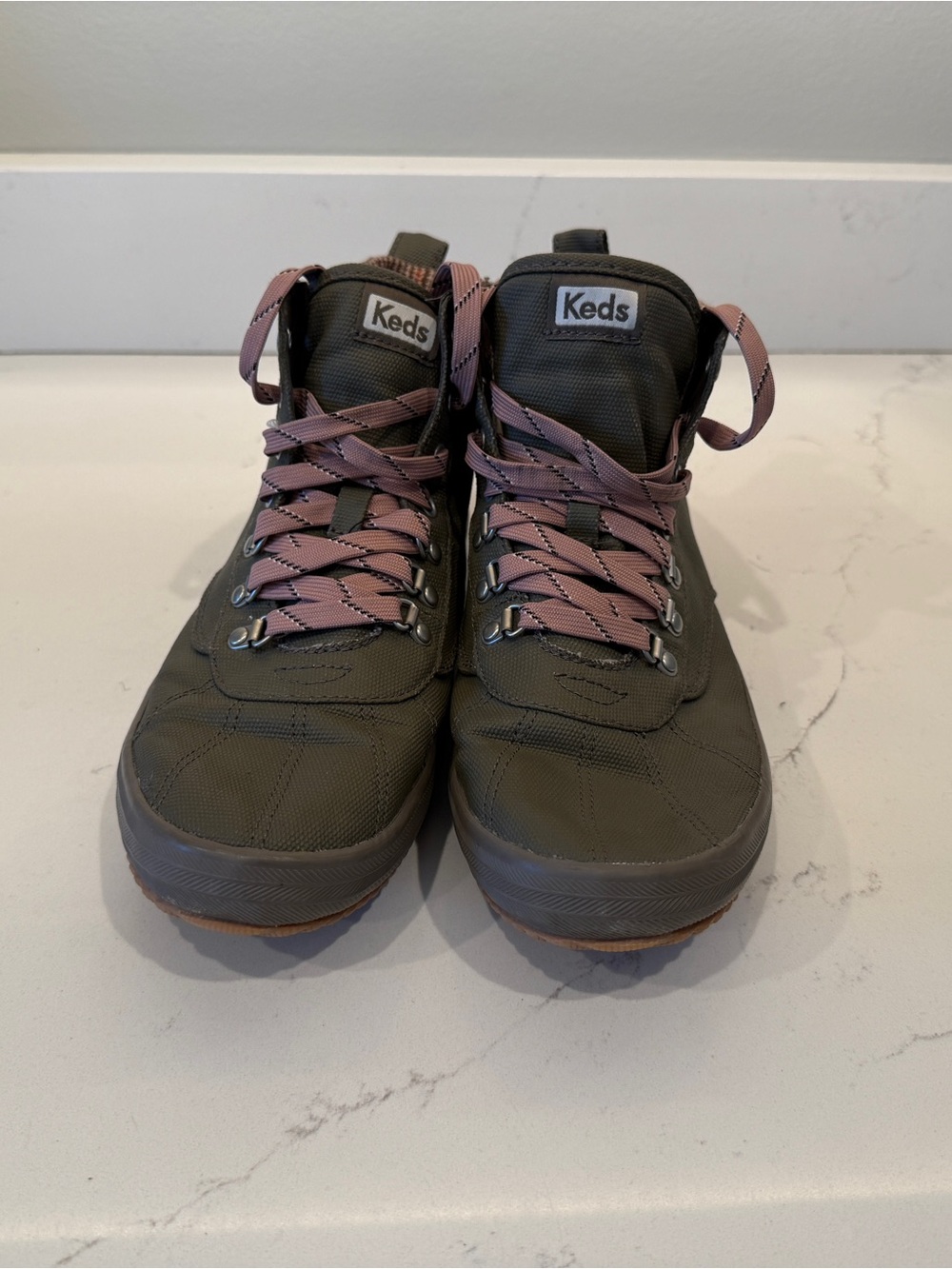 Keds Olive Green Waterproof Trail Sneakers with Dusty Pink Laces